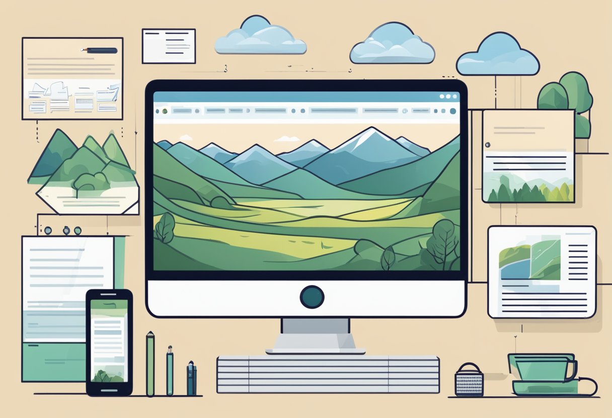 A serene Oregon landscape with a doula website displayed on a laptop, surrounded by essential page mockups and SEO strategy notes