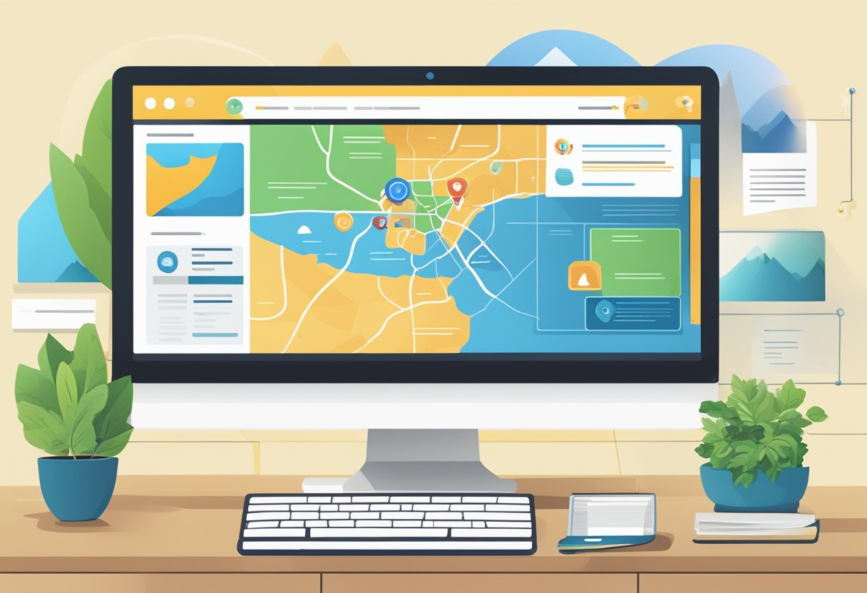 A computer screen displaying a website homepage with tabs for training, certification, and SEO tips. Oregon map in the background