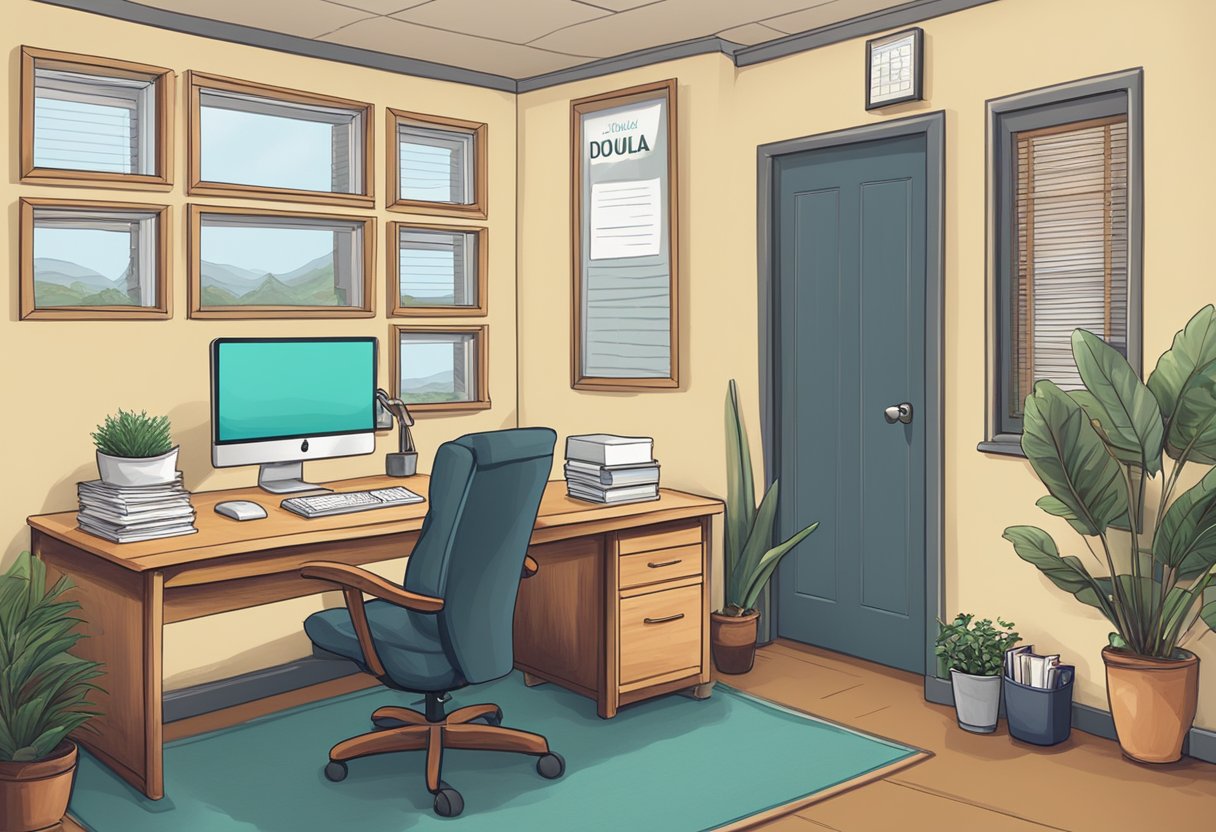 A cozy office with a desk, computer, and filing cabinet. A sign on the wall reads "Doula Insurance in Oregon." A friendly, professional atmosphere