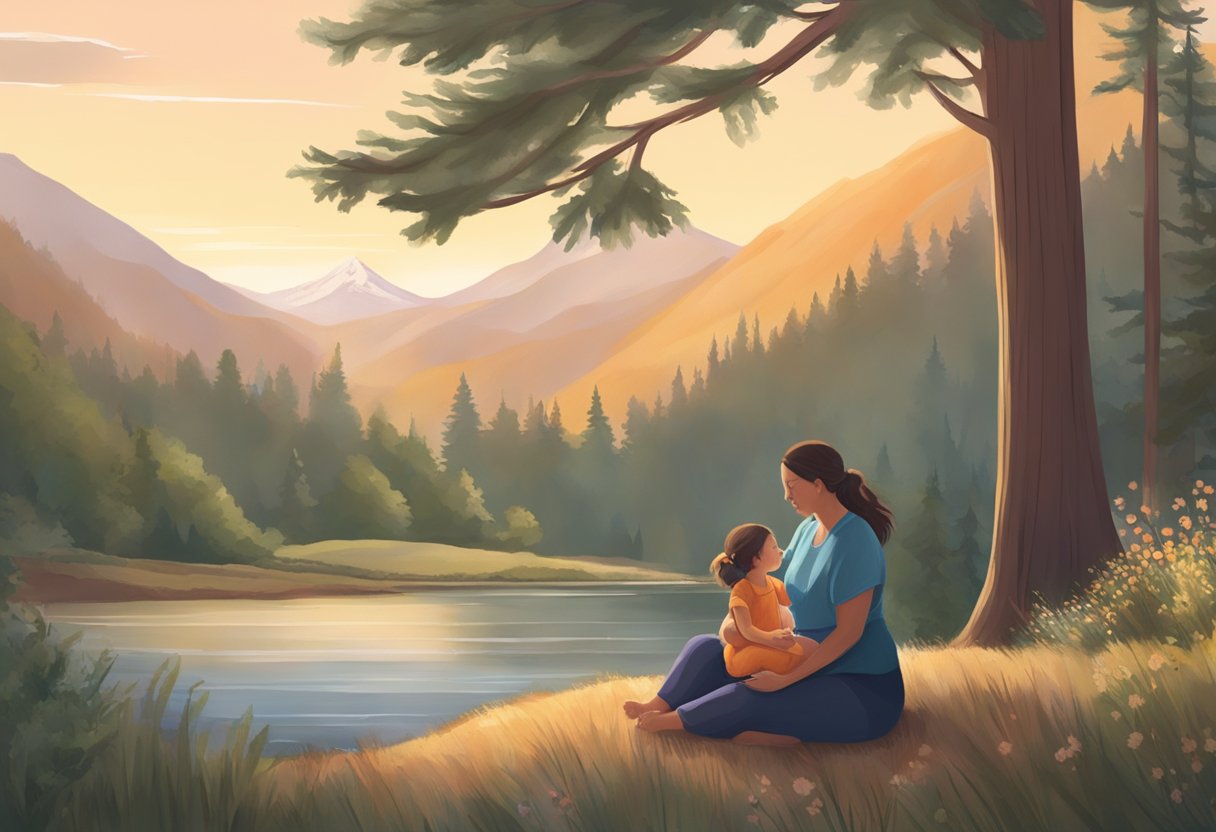 A serene Oregon landscape with a doula providing support to a mother during labor, surrounded by a calming and natural environment