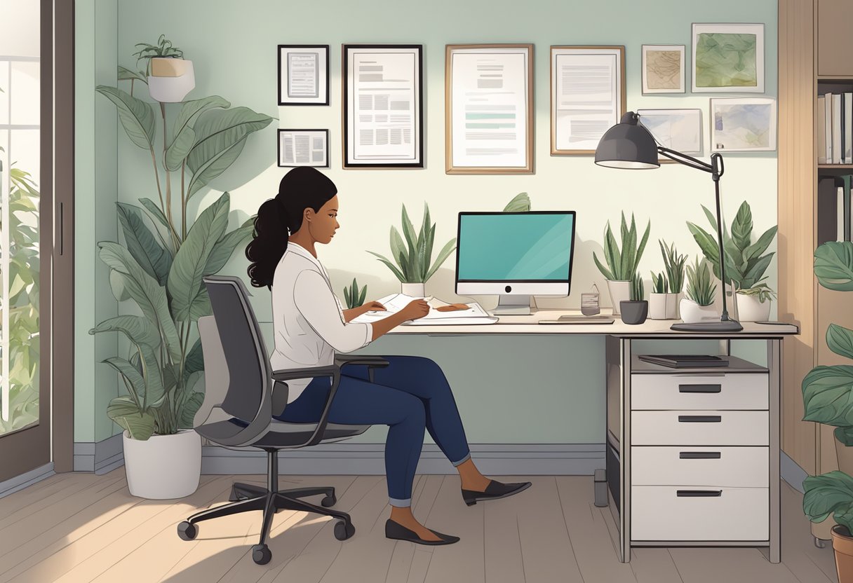 A doula holding a certificate of insurance while sitting at a desk with a laptop and paperwork, surrounded by a calming and professional office environment