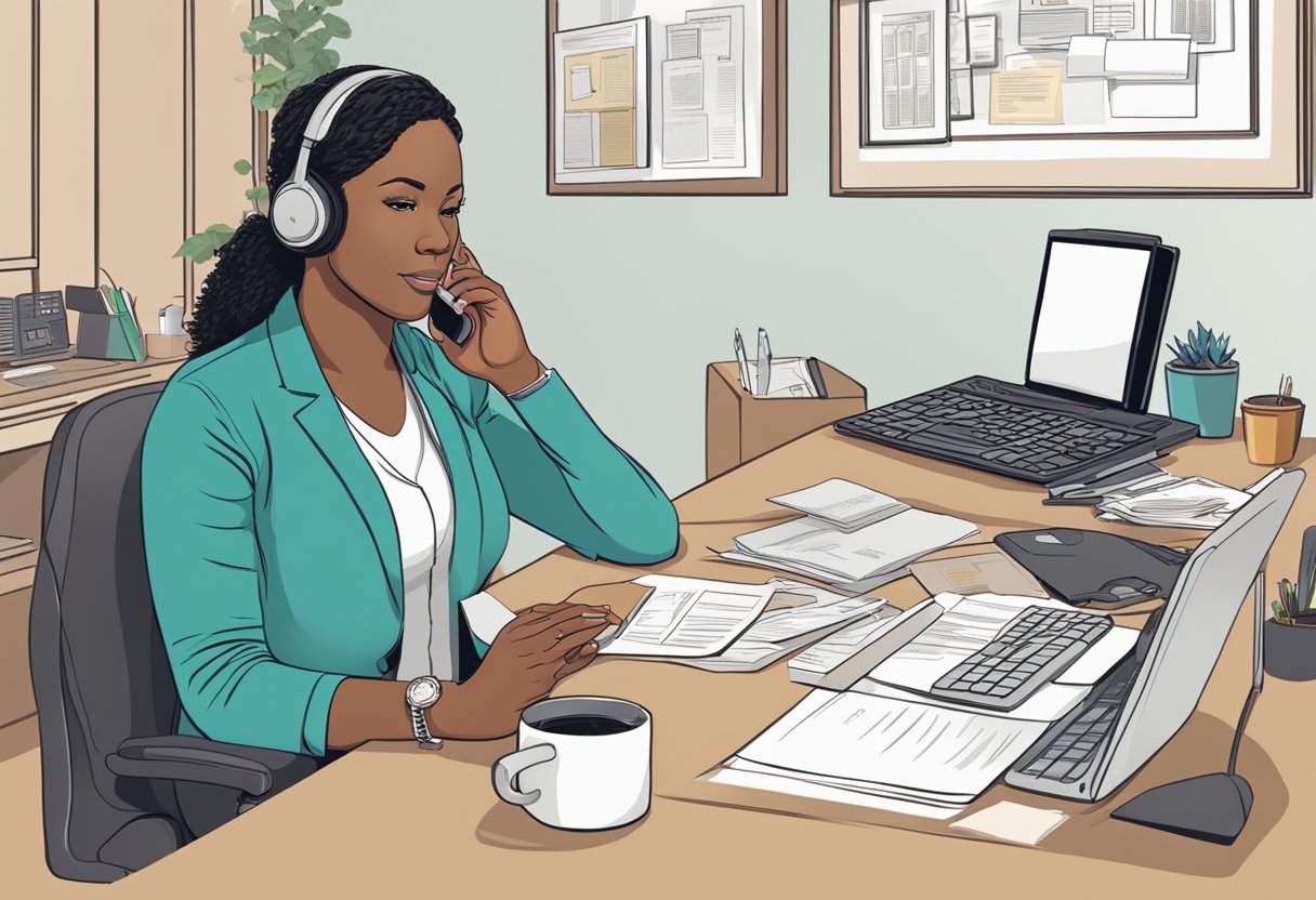 A doula sitting at a desk, surrounded by paperwork and a computer, speaking on the phone with an insurance agent. The doula appears focused and determined