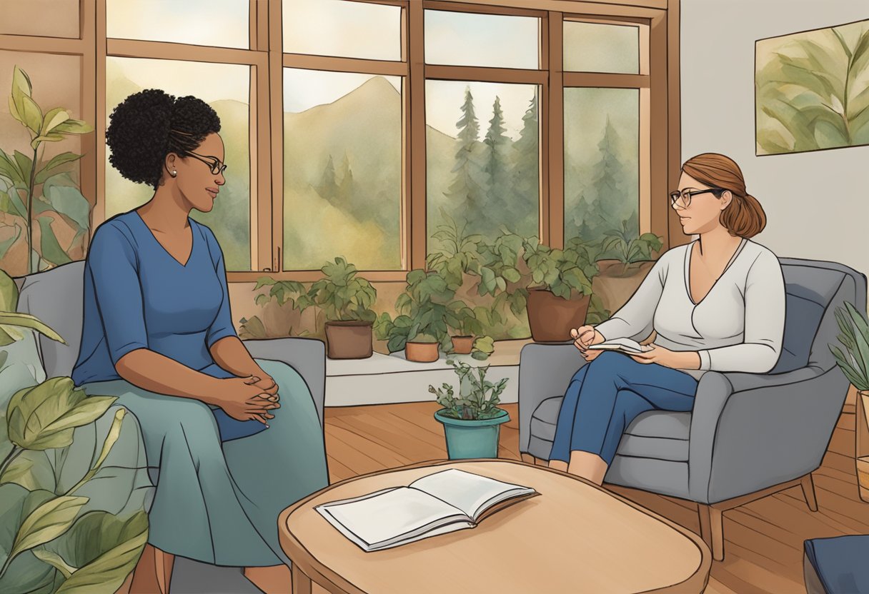 A doula mentor in Oregon sits with a new doula, sharing wisdom and guidance. The mentor's warm presence and supportive demeanor create a nurturing environment for learning and growth