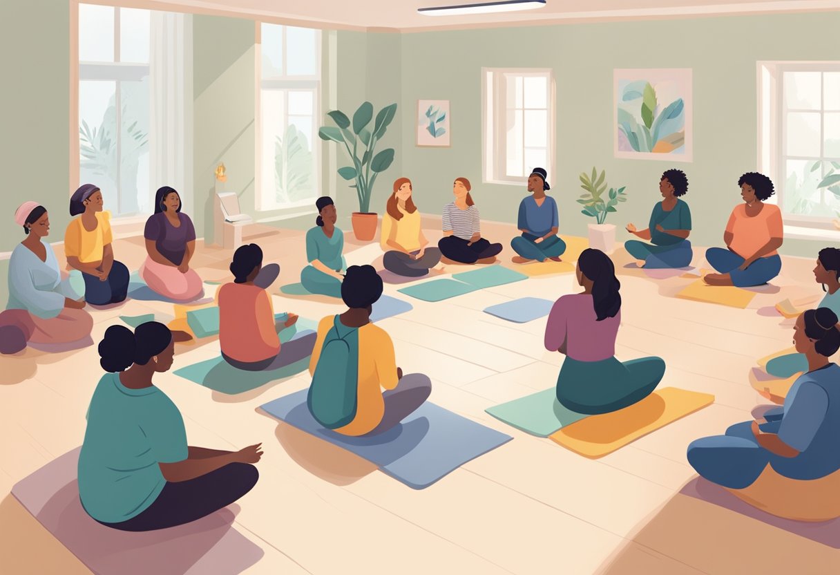 A group of doulas-in-training gather in a bright, spacious workshop room, engaged in hands-on activities and discussion led by experienced instructors