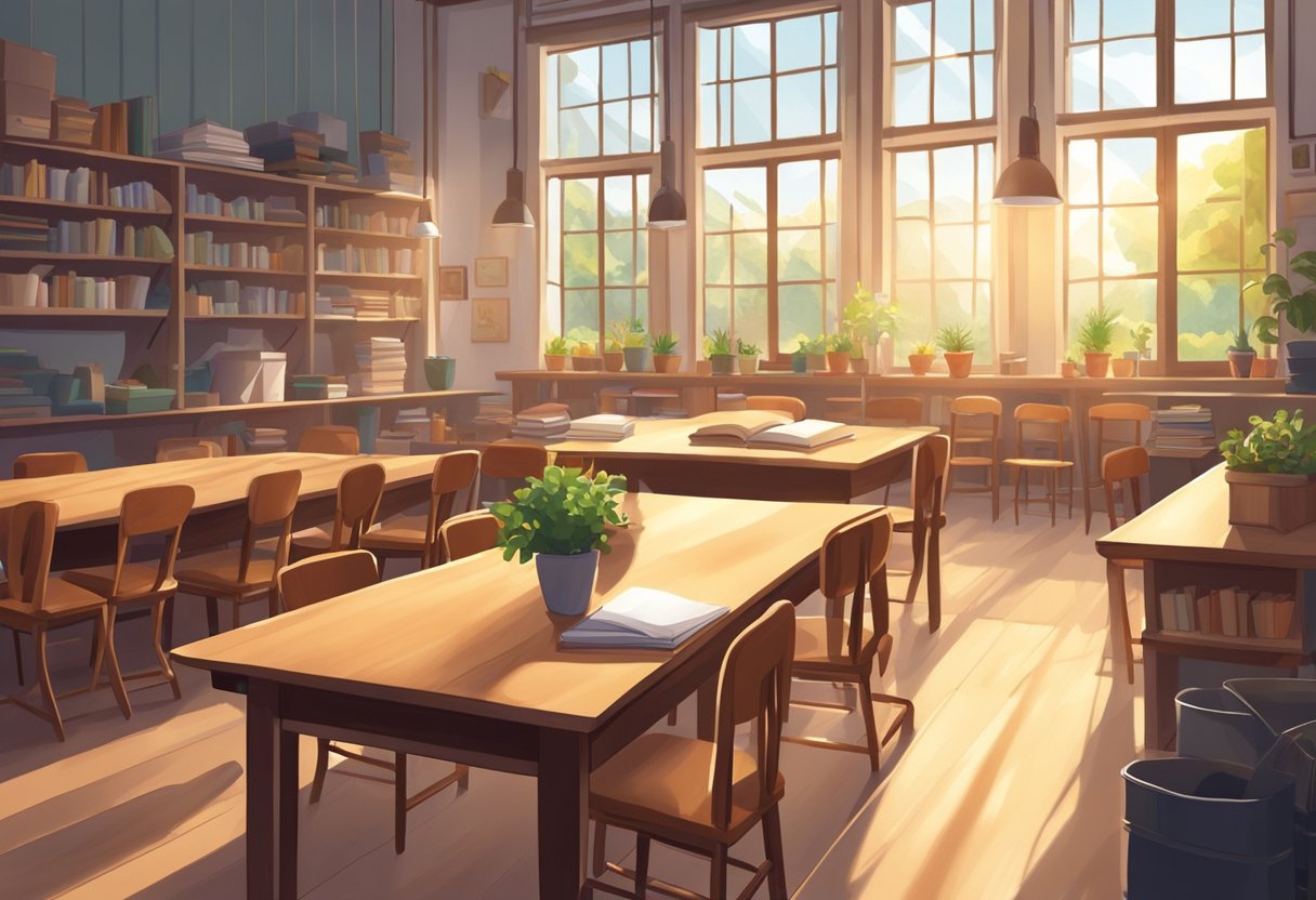 A cozy workshop space with chairs, tables, and educational materials. Bright natural light streams through large windows, creating a warm and inviting atmosphere