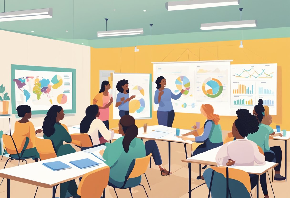 A group of doulas attend a workshop in a bright, modern classroom. Charts and diagrams line the walls, as participants engage in lively discussion and hands-on activities