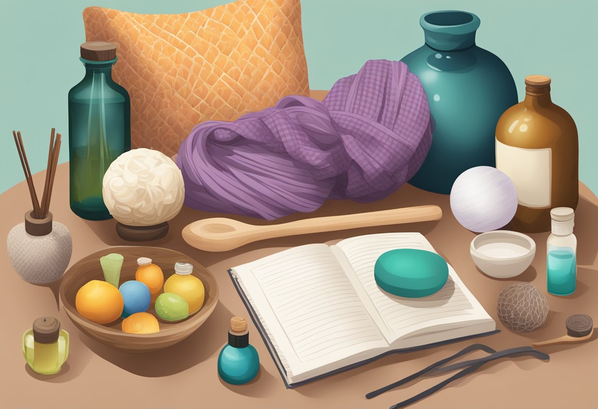 A table with essential doula tools: birthing ball, massage oils, rebozo scarf, aromatherapy diffuser, and educational materials