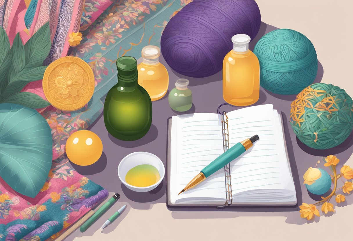 A table with essential doula tools: rebozo, massage oil, birth ball, aromatherapy diffuser, and a notebook for notes