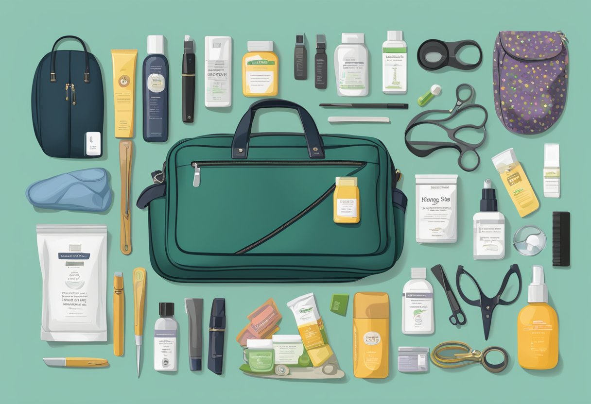 A doula's bag open on a table, filled with professional attire, personal care items, and essential tools for supporting expectant mothers in Oregon