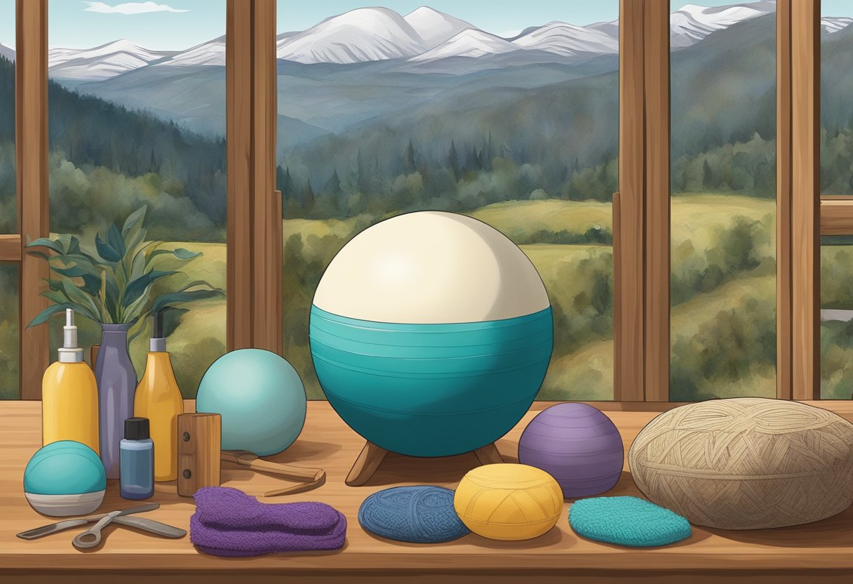 A table with a variety of doula equipment and tools, including a birth ball, massage oils, a rebozo, and a birthing stool, set against a backdrop of the Oregon landscape