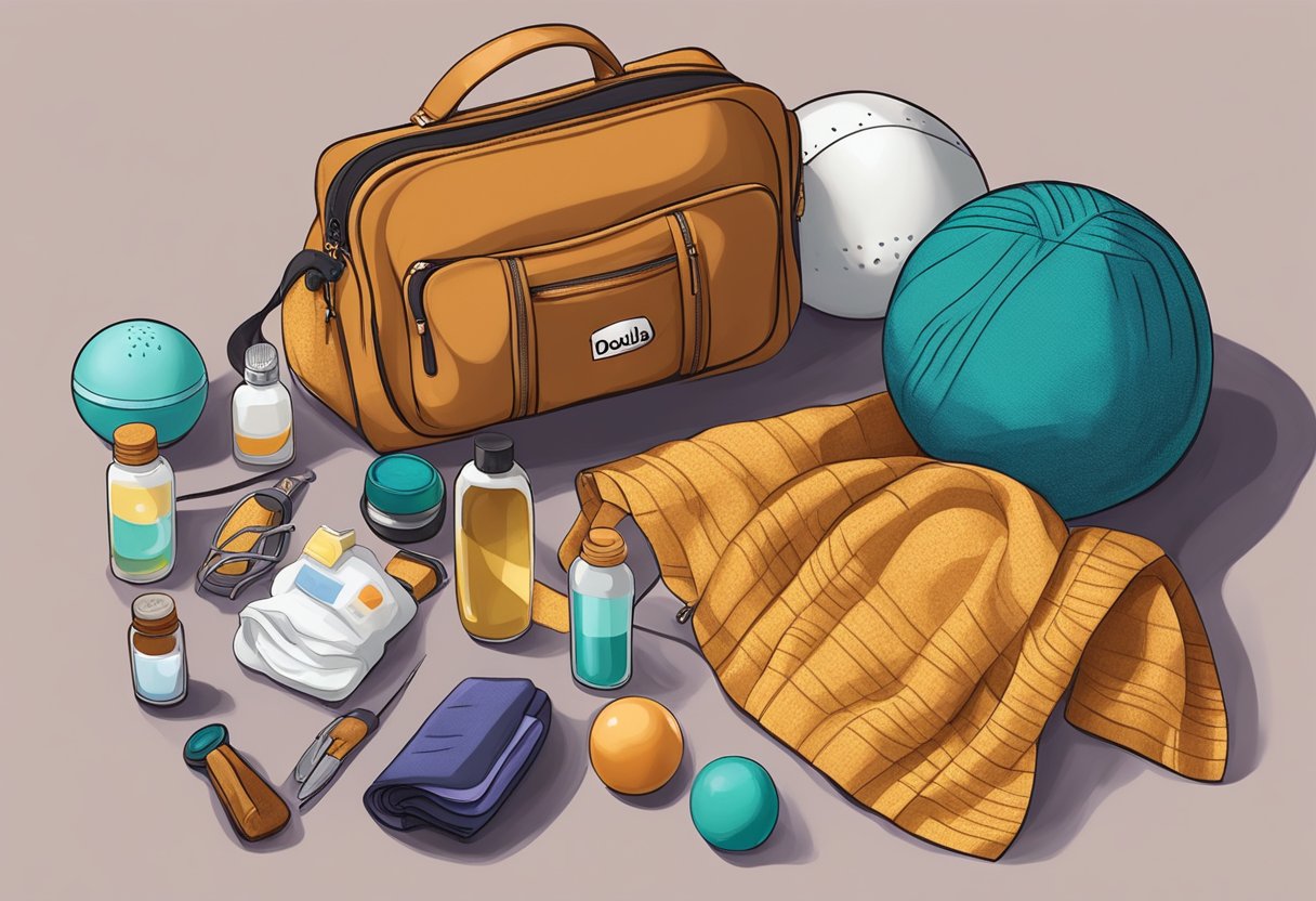 A doula's bag open on a table, filled with essential tools such as a birth ball, massage oils, a rebozo scarf, and a blood pressure monitor