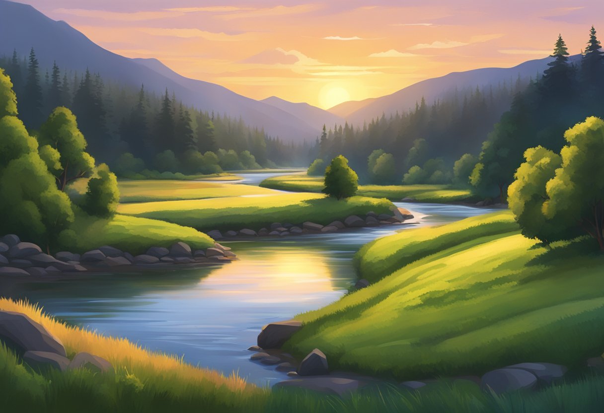 A serene Oregon landscape with a winding river, lush greenery, and a peaceful sunset casting a warm glow over the scene