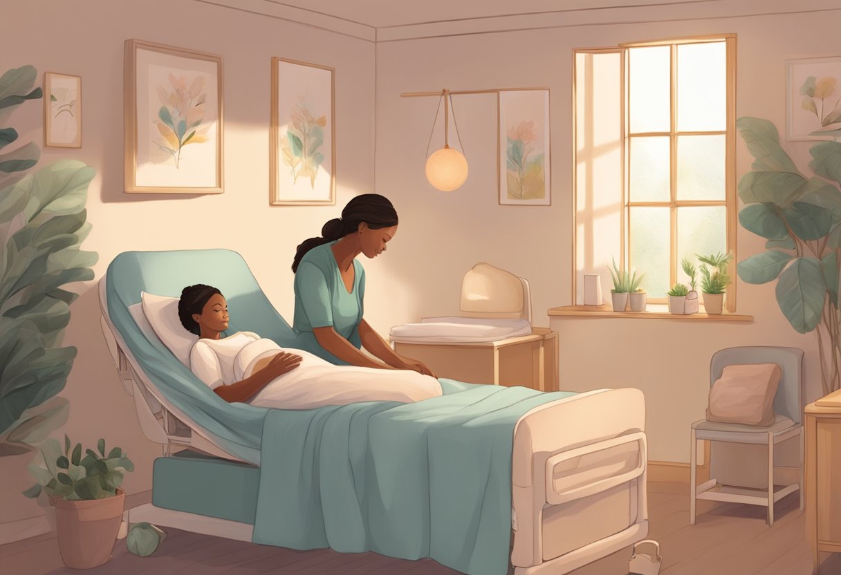 A serene birthing room with a comforting atmosphere, soft lighting, and a supportive doula guiding the mother through labor