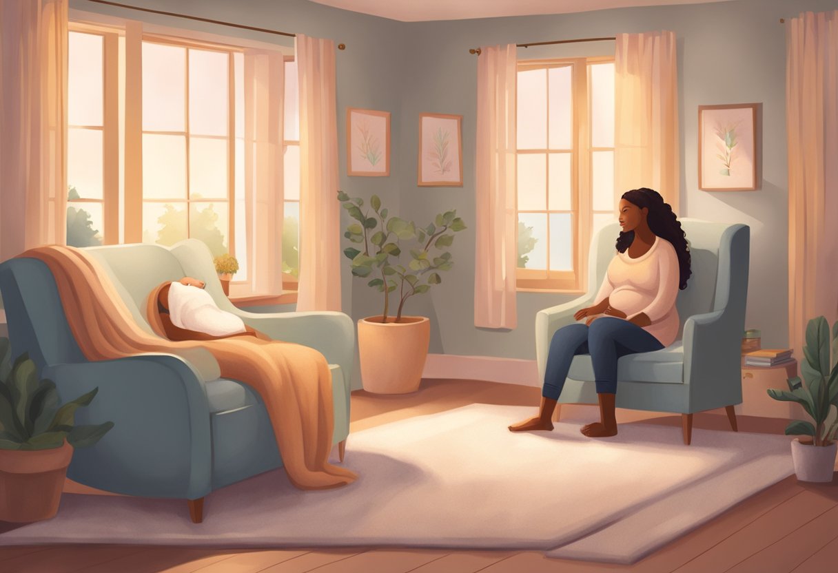 A peaceful birthing room with a cozy chair, soft lighting, and a comforting atmosphere. A doula and expectant mother engage in deep conversation and support