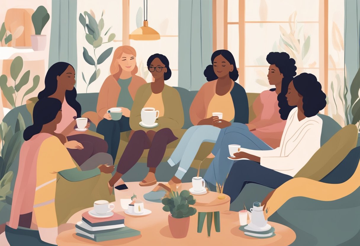 A group of doulas gather in a cozy living room, sharing stories and resources while sipping tea and creating a supportive network