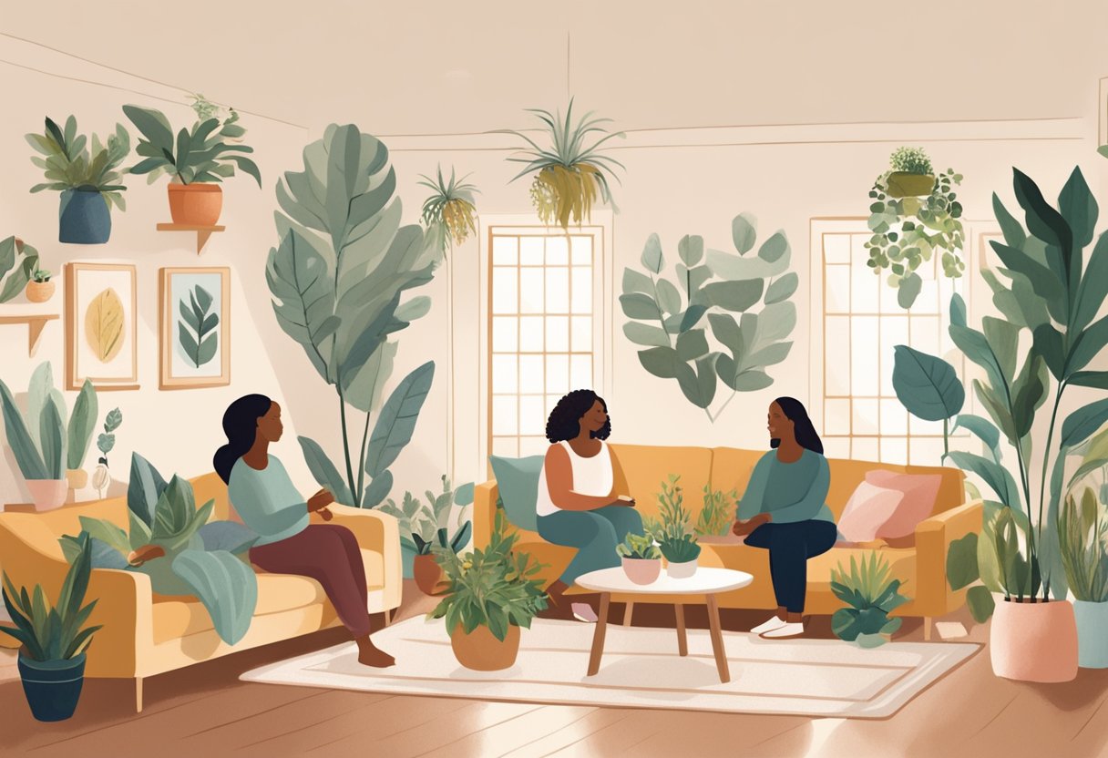 A group of doulas gather in a cozy living room, sharing stories and resources while surrounded by plants and comforting decor