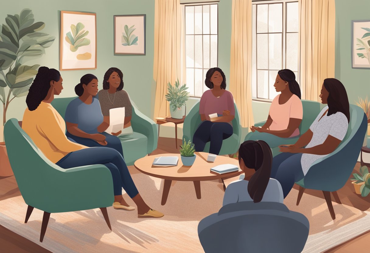 A group of doulas gather in a cozy meeting space, exchanging knowledge and support materials. A sense of camaraderie and dedication fills the room