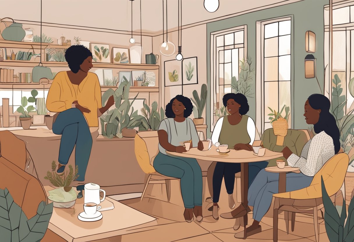 A group of doulas gather in a cozy coffee shop, sharing stories and resources. A warm, supportive atmosphere fills the room as they plan events and collaborate on ways to better serve their community