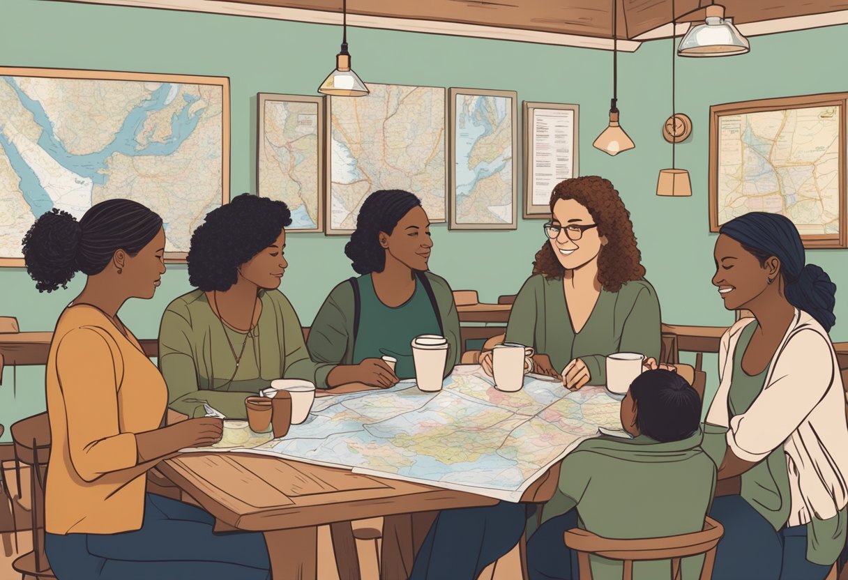 A group of doulas gather in a cozy cafe, exchanging ideas and support. A map of Oregon hangs on the wall, with pins marking their various locations