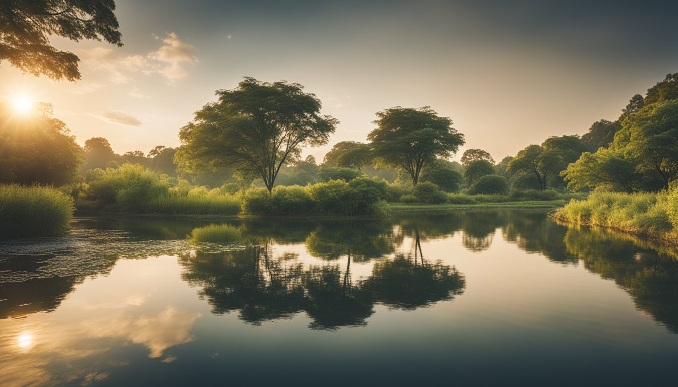 Uma paisagem serena com um lago tranquilo cercado por uma vegetação exuberante, com o sol se pondo à distância, evocando uma sensação de paz e tranquilidade.