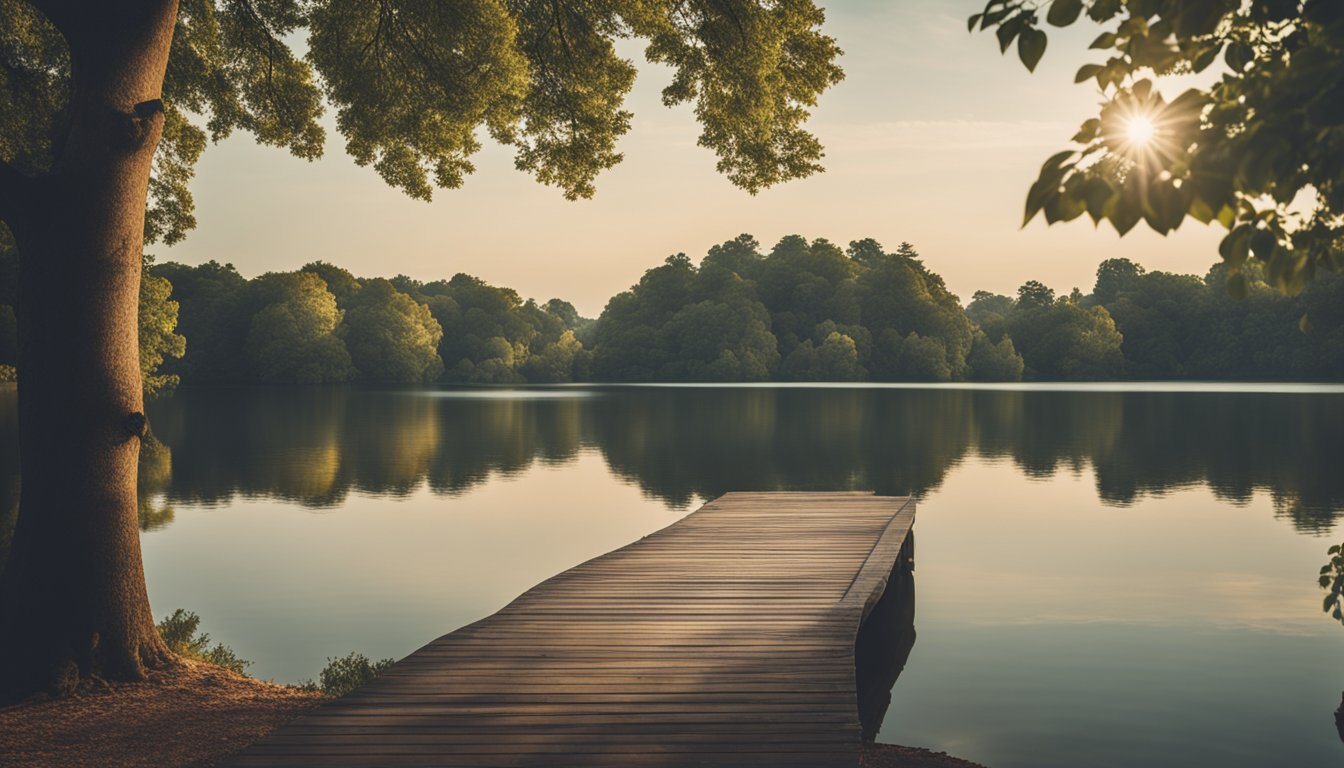 Um ambiente sereno e pacífico com elementos da natureza, como árvores, flores e um corpo d'água calmo. A cena exala tranquilidade e promove uma sensação de paz interior e bem-estar mental.
