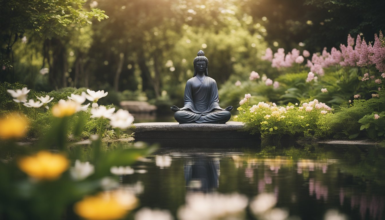 Uma figura serena medita em um jardim pacífico, cercada por flores em flor e água tranquila, criando uma sensação de calma e bem-estar.