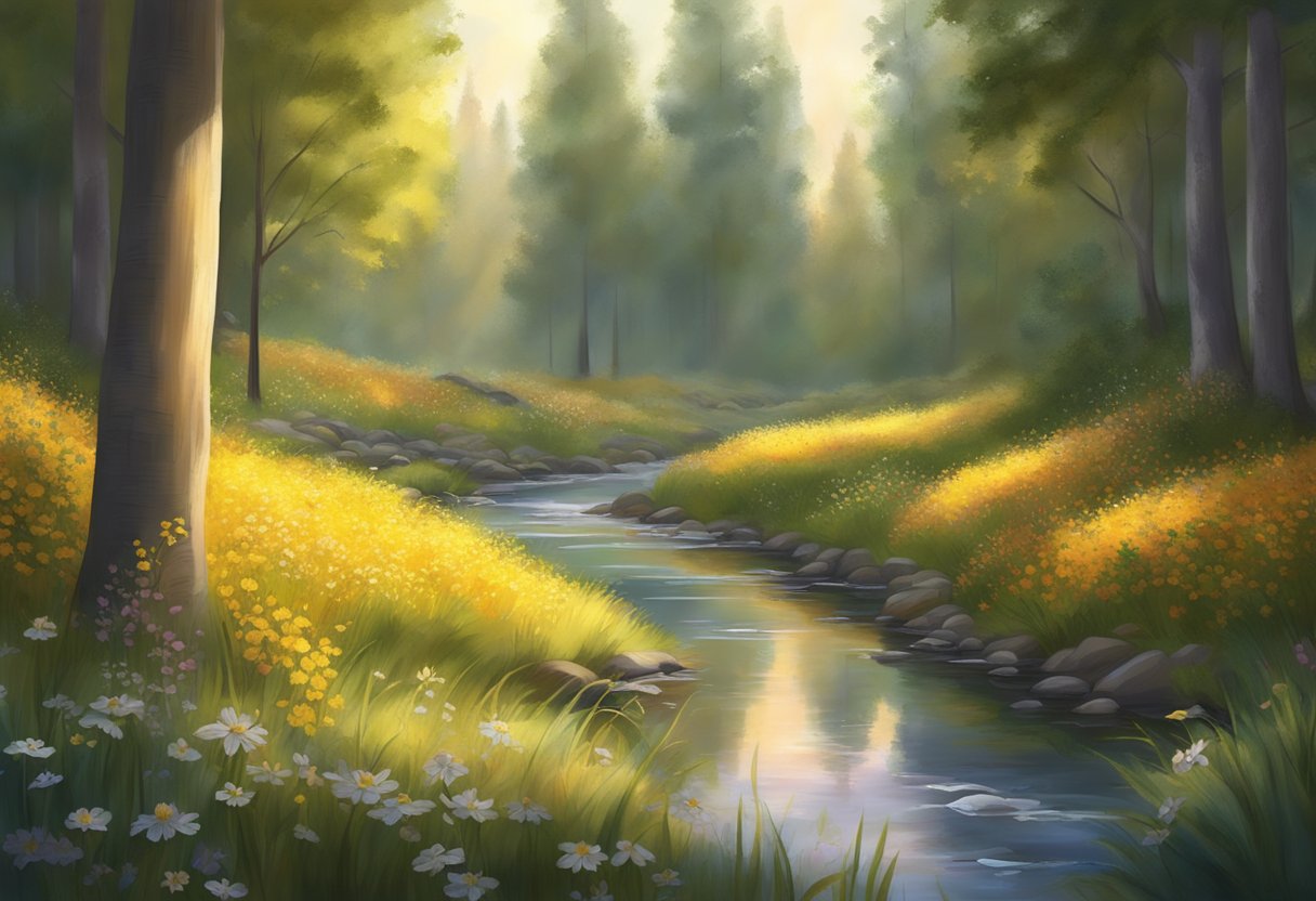 A serene forest clearing with a gentle stream, surrounded by blooming wildflowers and a soft, golden light filtering through the trees