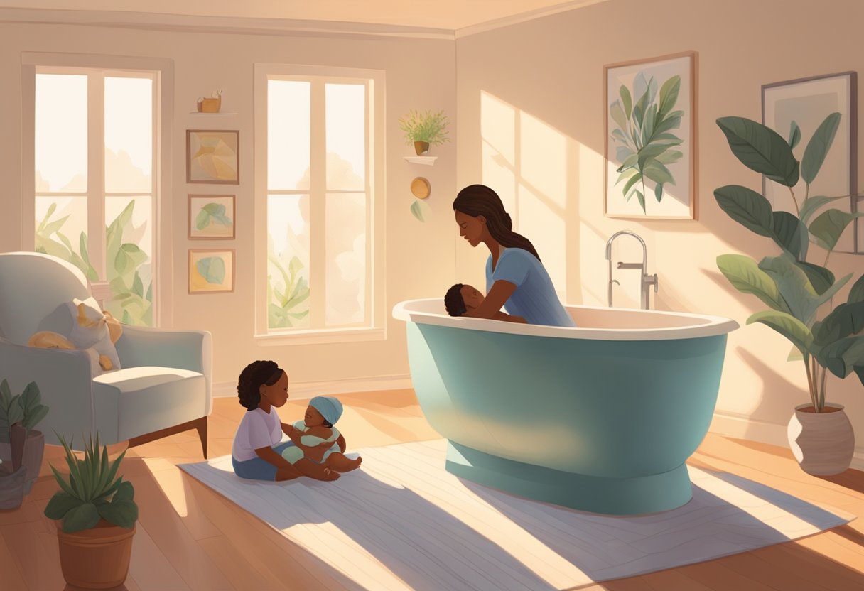 A serene, sunlit room with a comfortable birthing tub, soft lighting, and calming décor. A doula sits nearby, offering support and guidance to a laboring mother