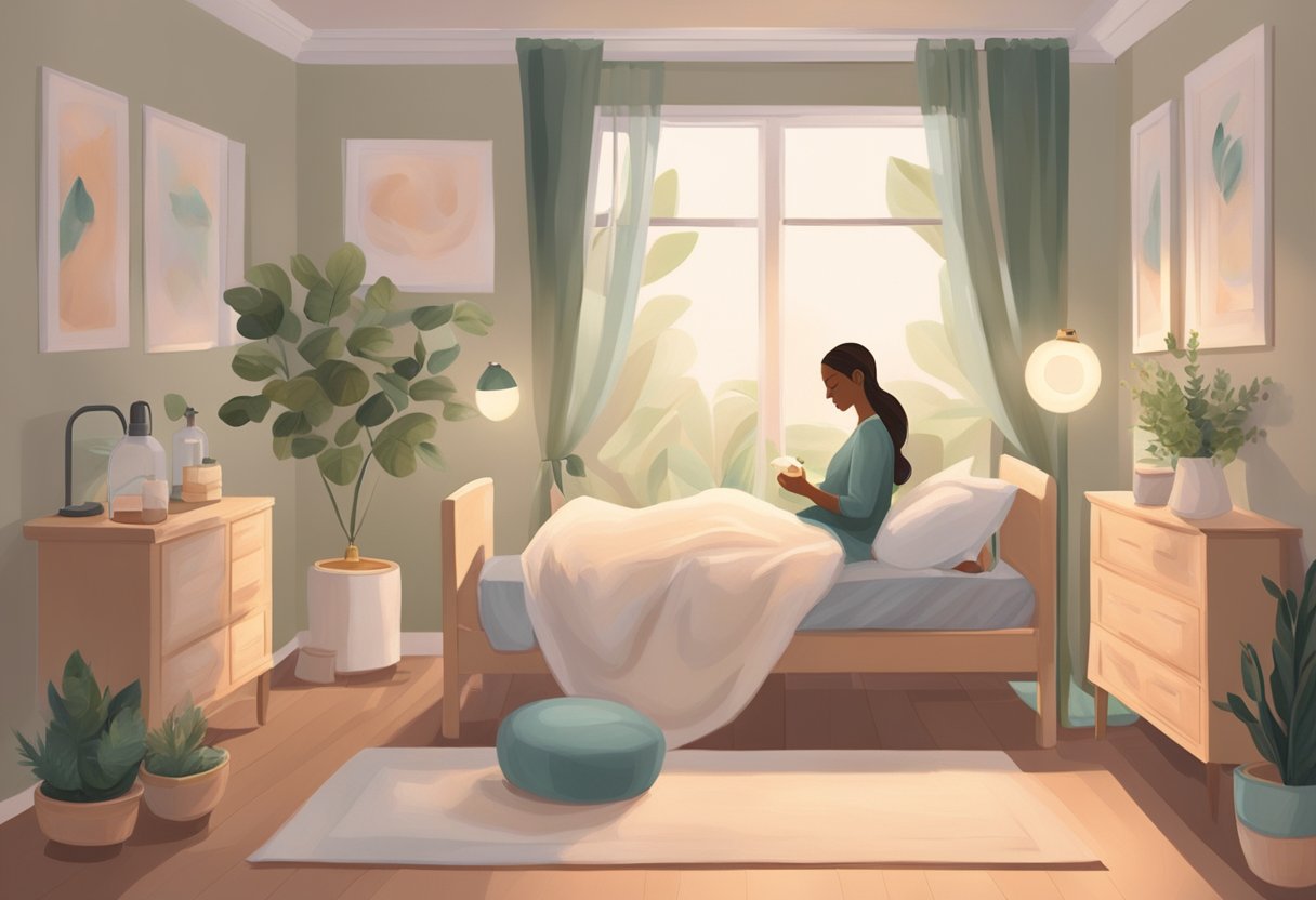 A serene birthing room with a comfortable bed, soft lighting, and essential oils diffusing in the air. A doula providing support to a laboring mother