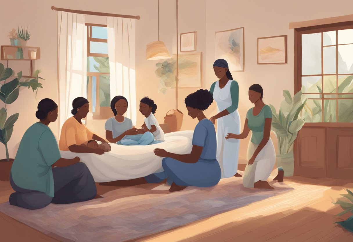 A serene setting with a doula assisting a laboring mother, surrounded by supportive family members and a peaceful atmosphere