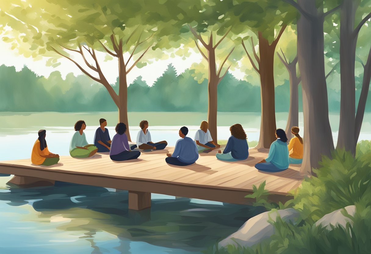 A serene lakeside setting in Minnesota, with a peaceful doula certification ceremony taking place under a canopy of trees