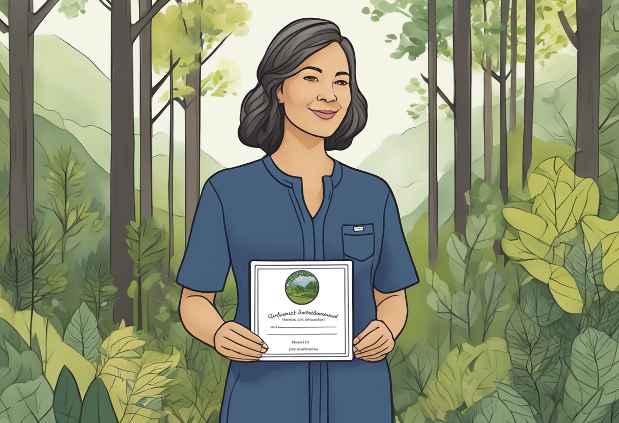 A serene doula in Minnesota, surrounded by nature, holds a certification badge with a sense of pride and accomplishment