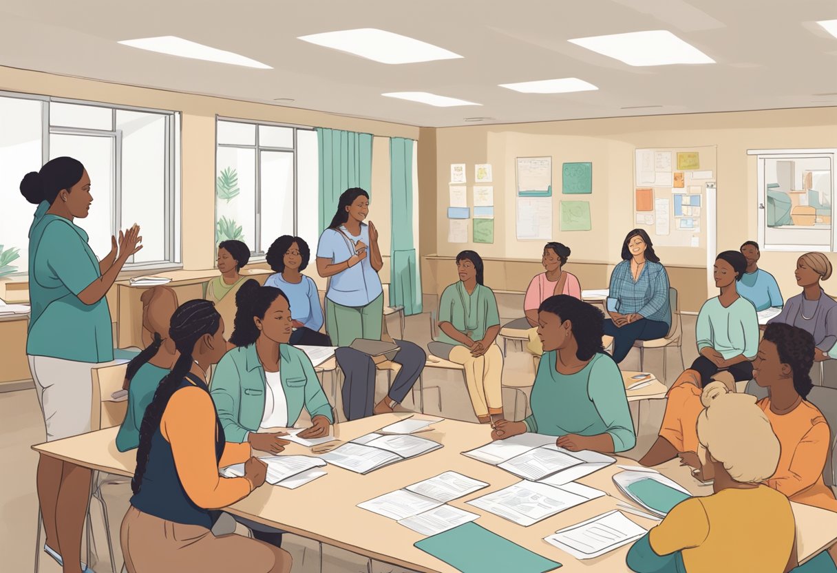 A group of people gather in a classroom setting, engaging in discussions and hands-on activities related to doula training. Visual aids and training materials are scattered throughout the room