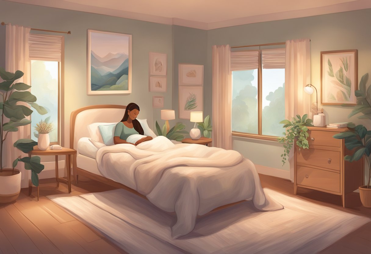 A serene birthing room with a comfortable bed, soft lighting, and soothing decor. A doula sits nearby, offering support and guidance to an expectant mother