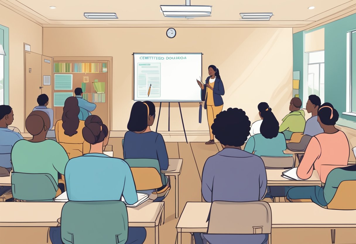 A group of people sitting in a classroom, listening to an instructor and taking notes. A certificate on the wall reads "Certified Doula."