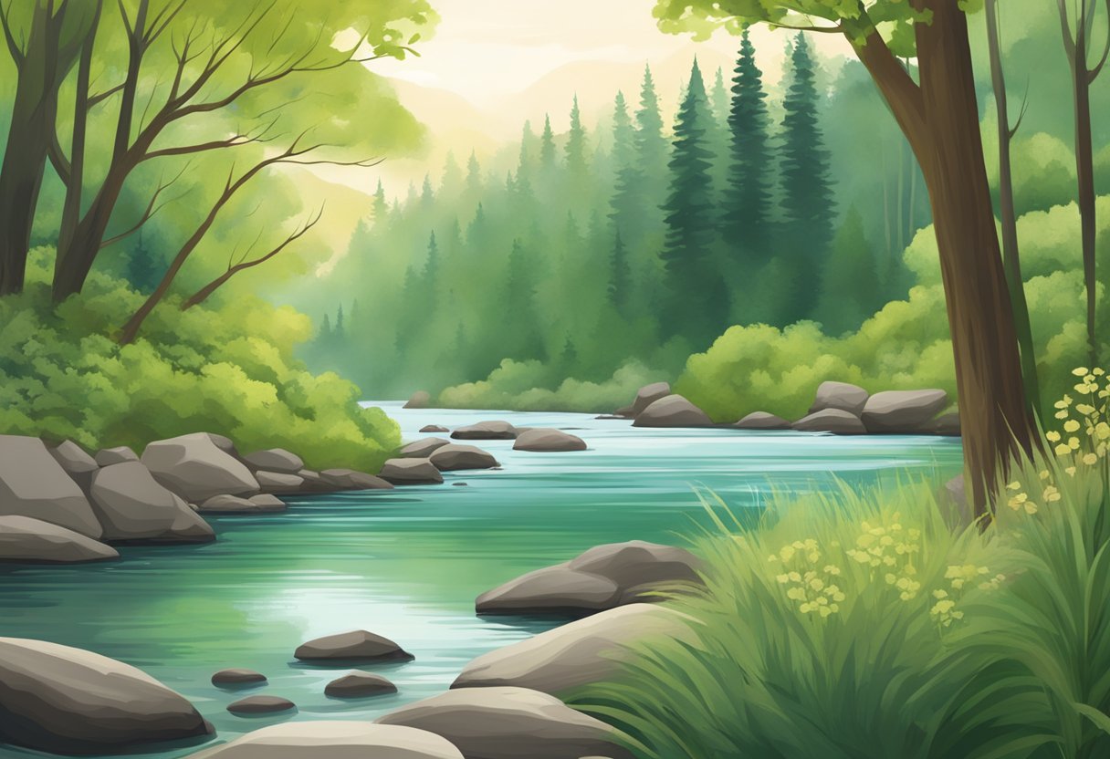 A serene nature scene with a calm river flowing through a lush forest, symbolizing the journey of becoming a certified doula in Minnesota