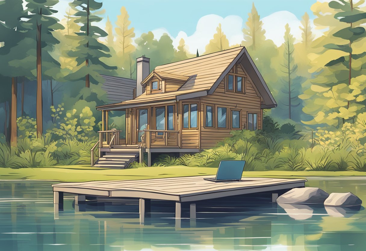 A serene lakeside cabin in Minnesota, surrounded by lush greenery and a clear blue sky. A doula certification textbook sits open on a wooden table, alongside a laptop and a cozy armchair