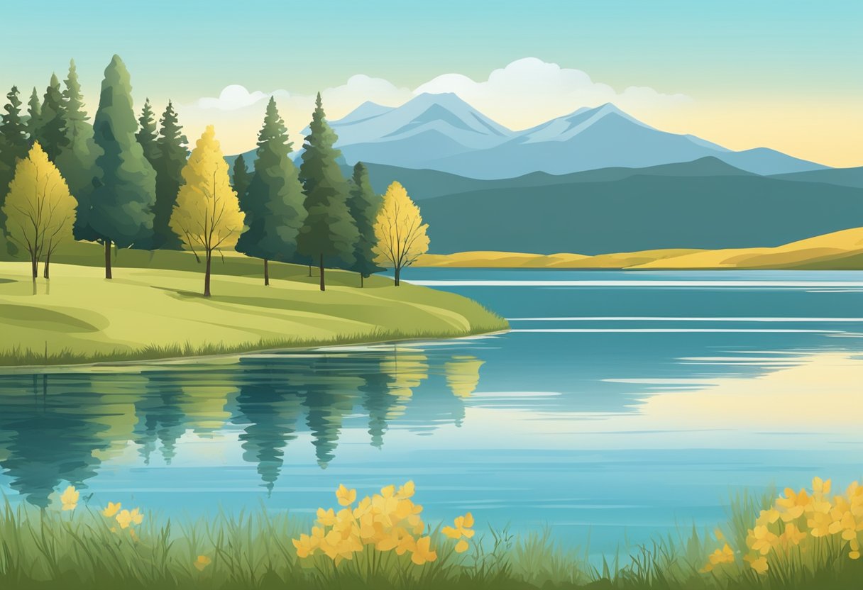 A serene lakeside setting with a peaceful, natural landscape and a clear blue sky, representing the calm and supportive environment of pursuing a doula career certification online in Minnesota