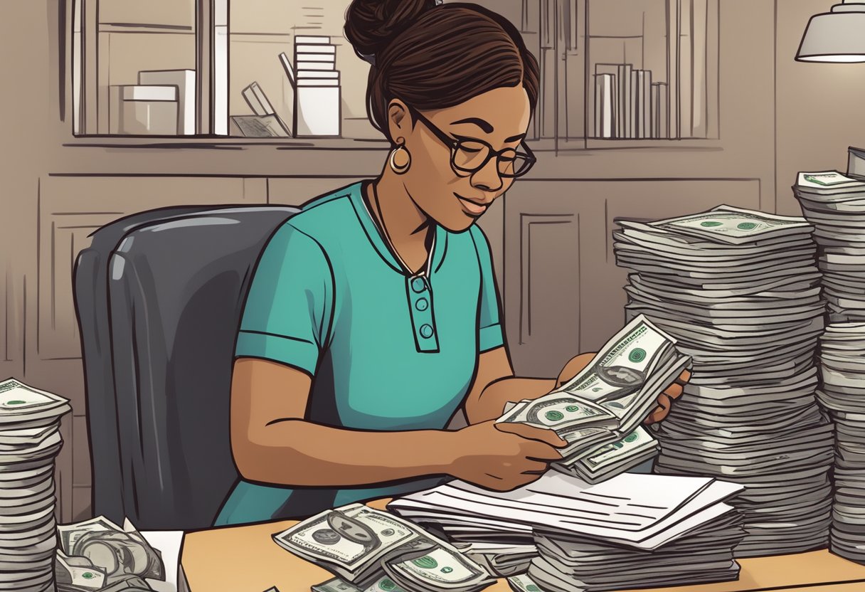 A doula in Minnesota counting money from a stack of bills and coins, with a calculator and paperwork nearby