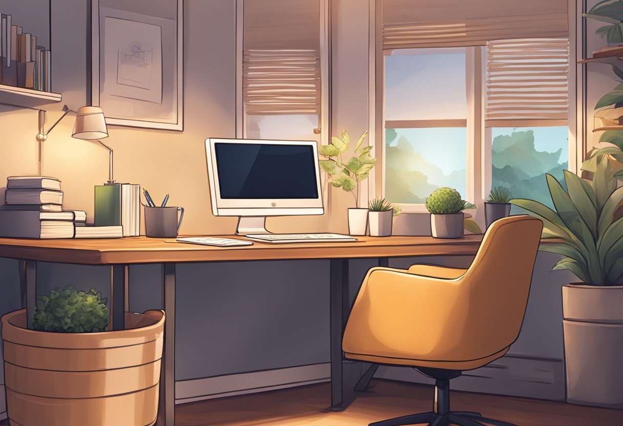 A serene scene of a cozy office space with a desk, computer, and paperwork. A warm, inviting atmosphere with soft lighting and comfortable seating