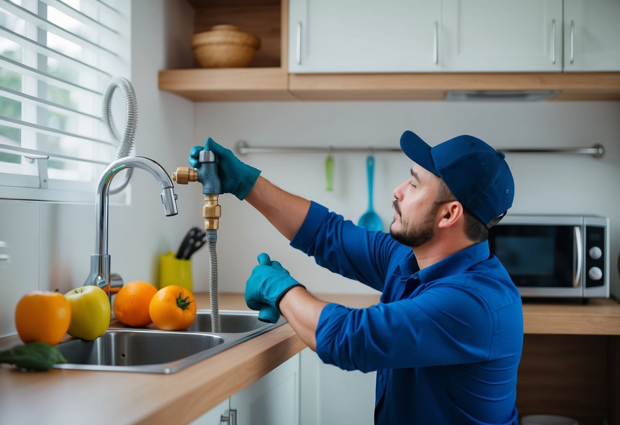 A plumber fixing a leak in a kitchen in Pandan Indah