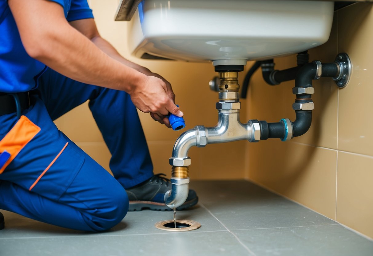 A plumber in Pandan Indah fixing a leaky pipe under a sink