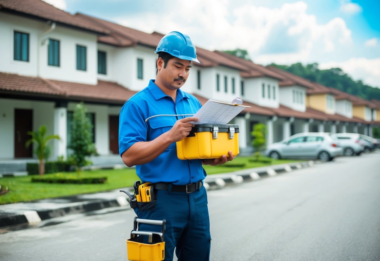 A plumber standing in front of a row of houses in Pandan Indah, holding a toolbox and looking at a list of addresses