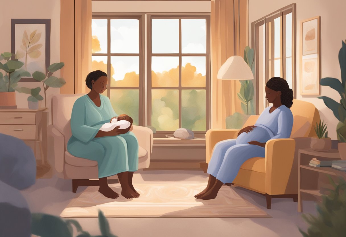 A doula and midwife sit in a cozy Minnesota birthing center, surrounded by calming colors and soft lighting. The doula offers emotional support, while the midwife prepares for a home birth