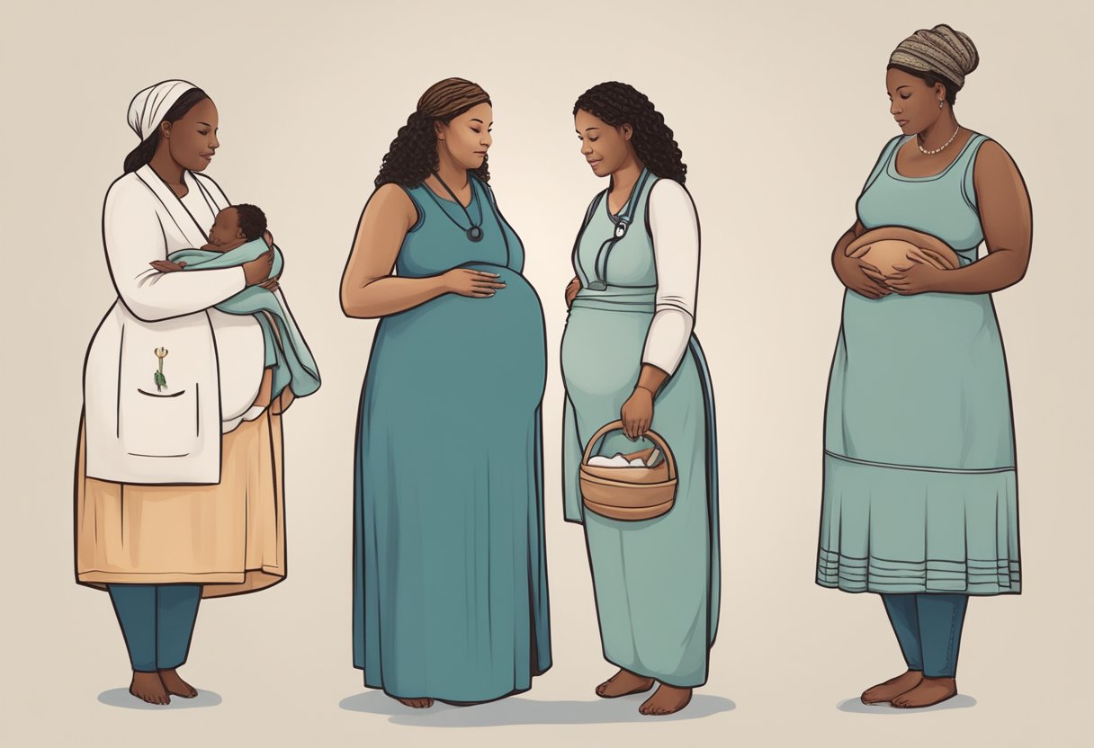 A doula and midwife stand side by side, each holding a different symbol of their role - a comforting hand for the doula and a birthing kit for the midwife