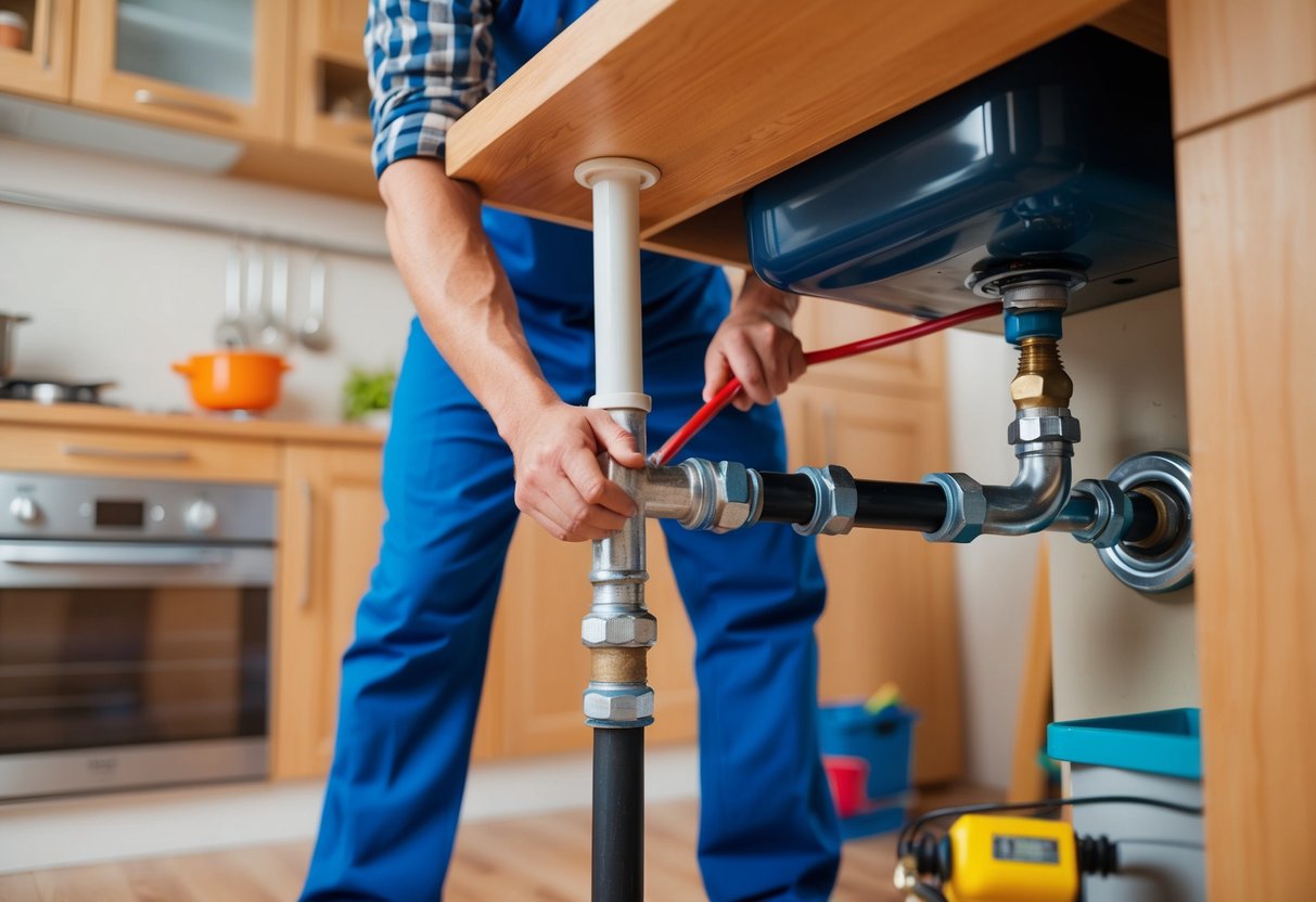 A plumber fixing a leaky pipe under a sink in a cluttered kitchen