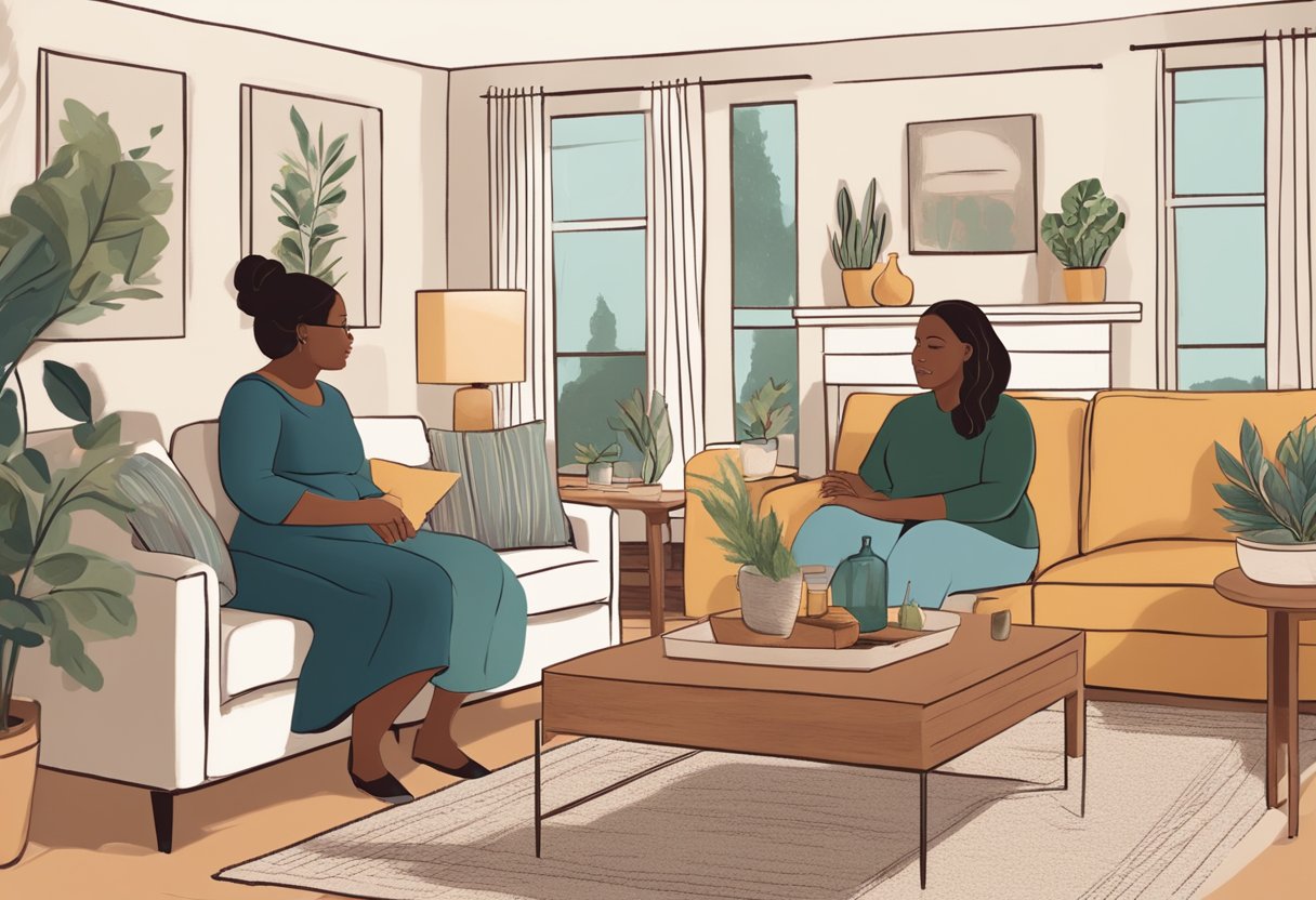 A doula and midwife in Minnesota discussing their roles and differences in a cozy, sunlit living room with a fireplace and comfortable seating