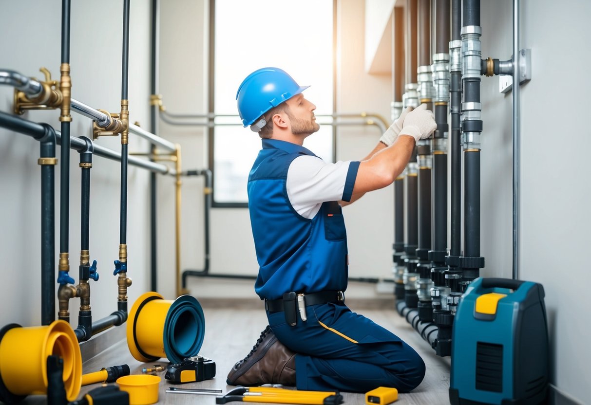 A plumber in a uniform inspecting pipes and fixtures in a commercial building, surrounded by plumbing tools and equipment