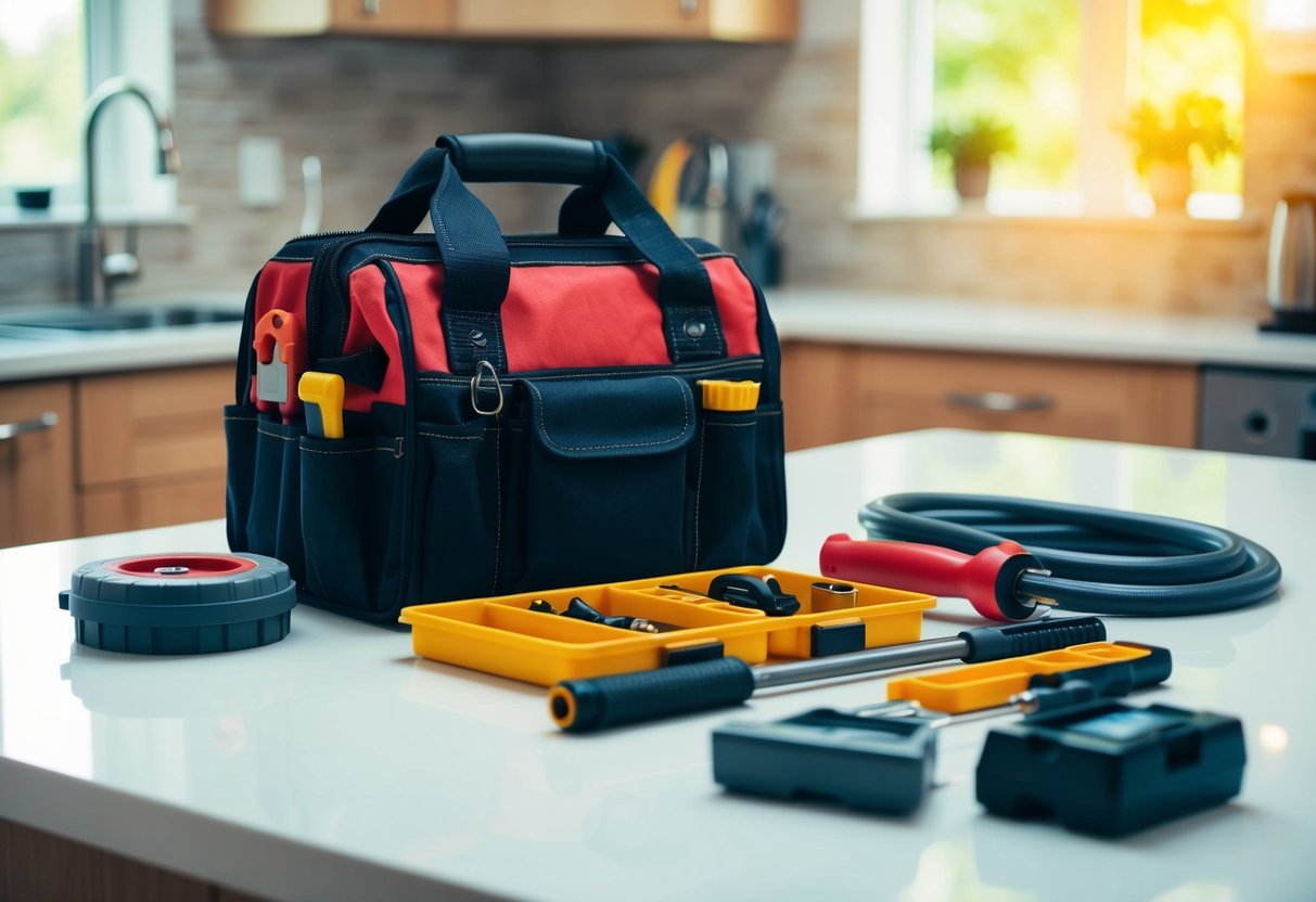 A plumber's toolbox and equipment laid out on a kitchen counter, with a sink and faucet in the background