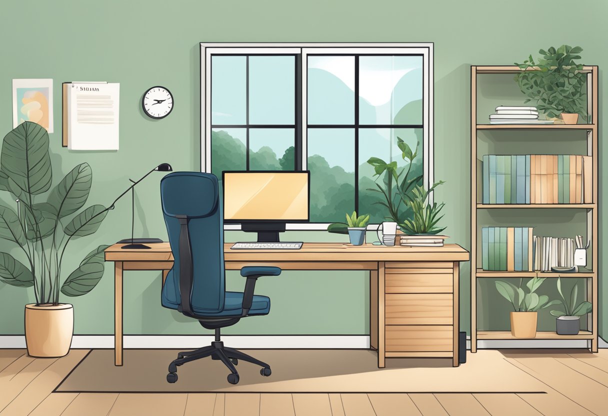 A serene, nature-filled setting with a cozy office space, a computer, and paperwork, symbolizing the steps to start a doula business in Minnesota